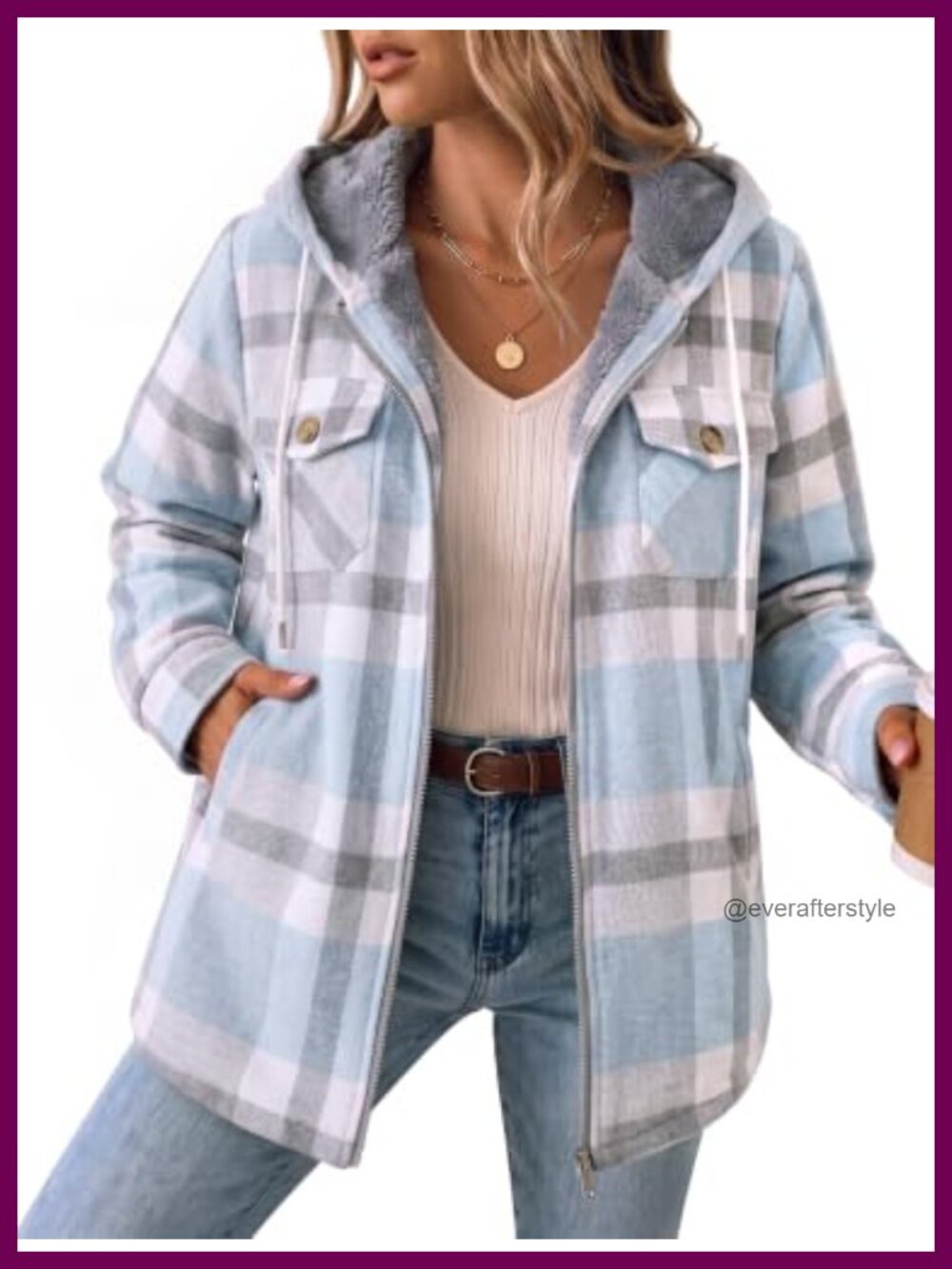 Womens Plaid Flannel Shacket Fleece Lined Hooded Zip Winter Coat